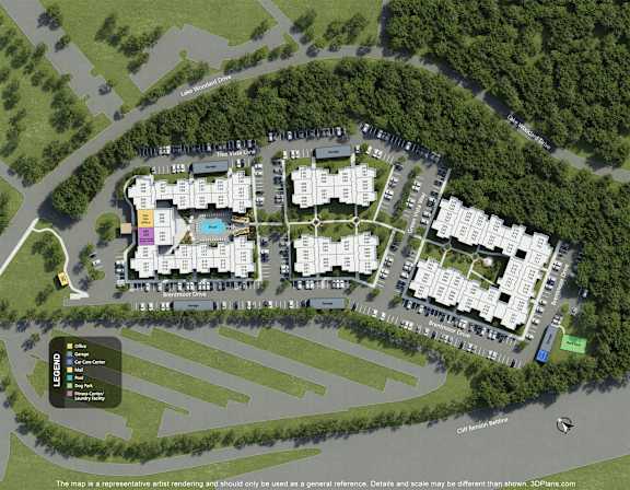A map shows a layout of a building complex with a swimming pool and parking lot.