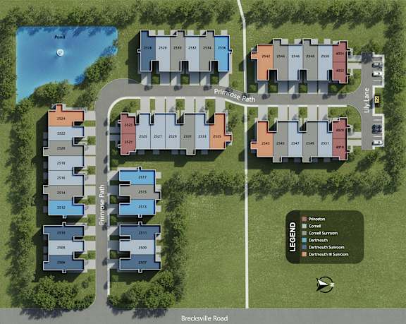 A map shows a grid of buildings with a pond and paths.