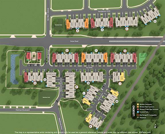a site map of a campus with buildings and a parking lot