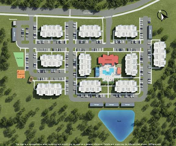 A 3D model of a campus with buildings, a pond, and a playground.