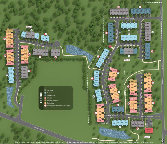 a site map of a campus with buildings and a parking lot
