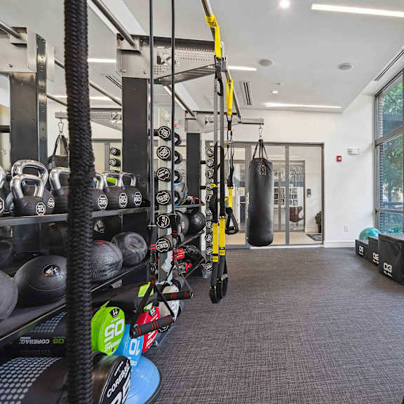 A gym with a variety of equipment including kettlebells, dumbbells, and a punching bag.