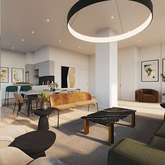A modern living room with a black and white color scheme.