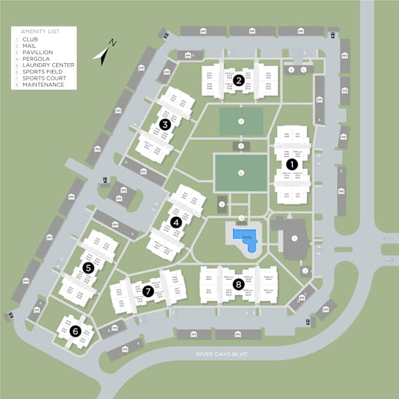A map of a facility with a pool and a laundry center.