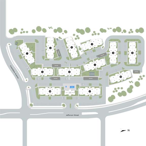 A map shows a street layout with buildings, trees, and a parking lot.