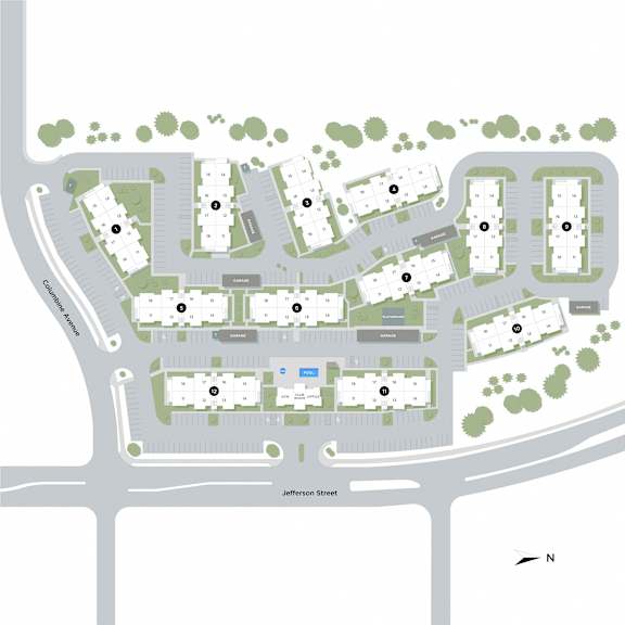 A map shows a street layout with buildings, trees, and a parking lot.
