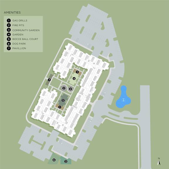 A map shows a grid of buildings with seven amenities listed on the left.