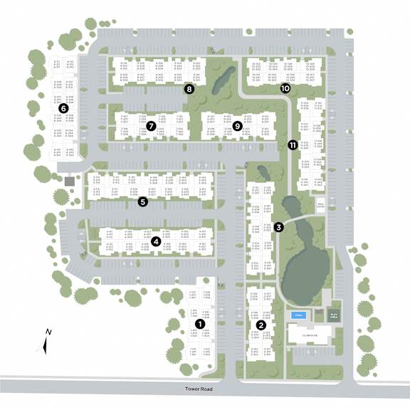 A map of a complex with numbered buildings and a tower road.