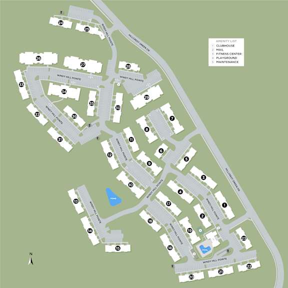 A map of a residential area with a list of amenities on the right side.