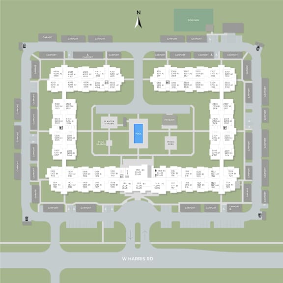 A map shows a complex with a grid layout of rooms, a central blue area, and a road labeled W HARRIS RD.