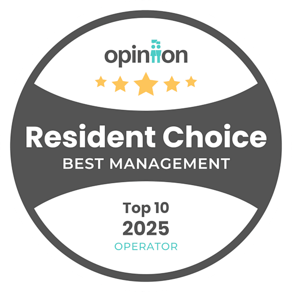 A badge indicating a top 10 ranking for 2025 in resident choice best management.