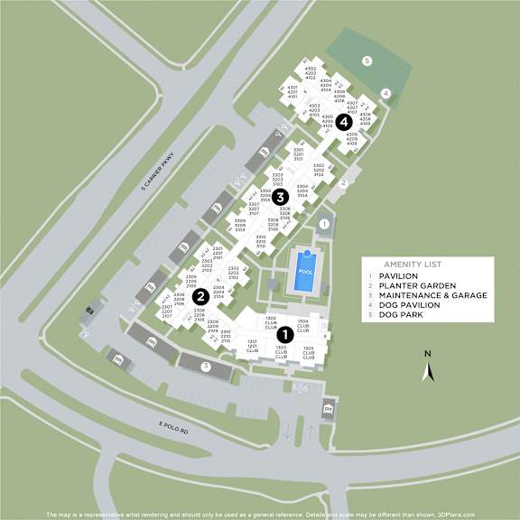 A map of a property with a pool and a list of amenities including a pavilion, planter garden, maintenance & garage, dog pavilion, and dog park.