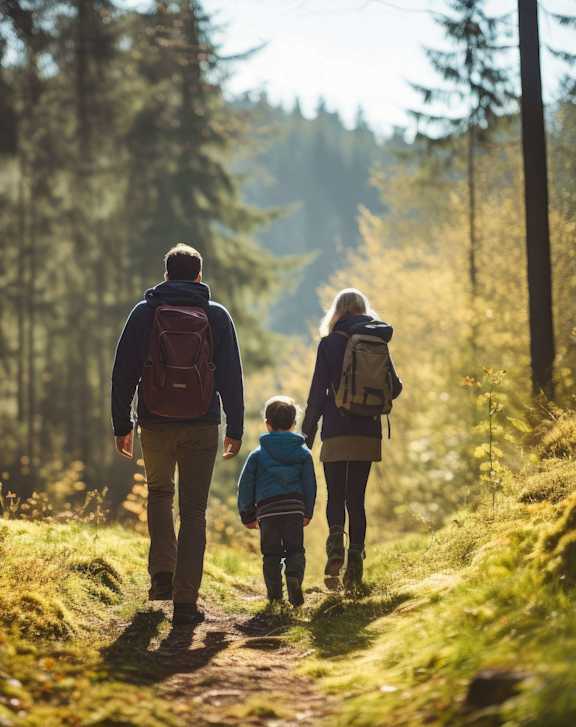 A family of three is walking on a trail in the woods.