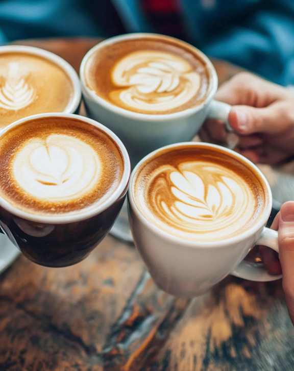 Four cups of coffee with latte art designs on top.