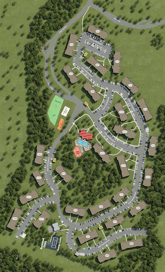 A bird's eye view of a residential area with houses and roads.
