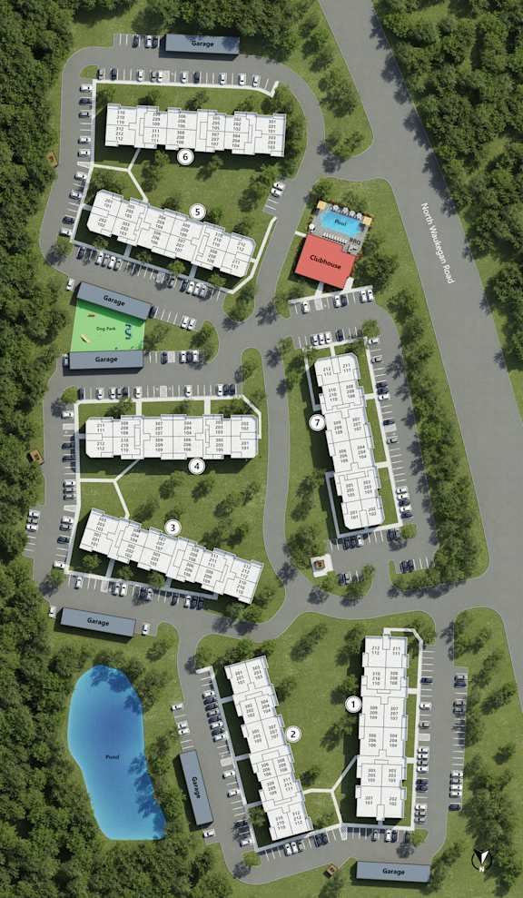 A bird's eye view of a resort with buildings, roads, and a lake.