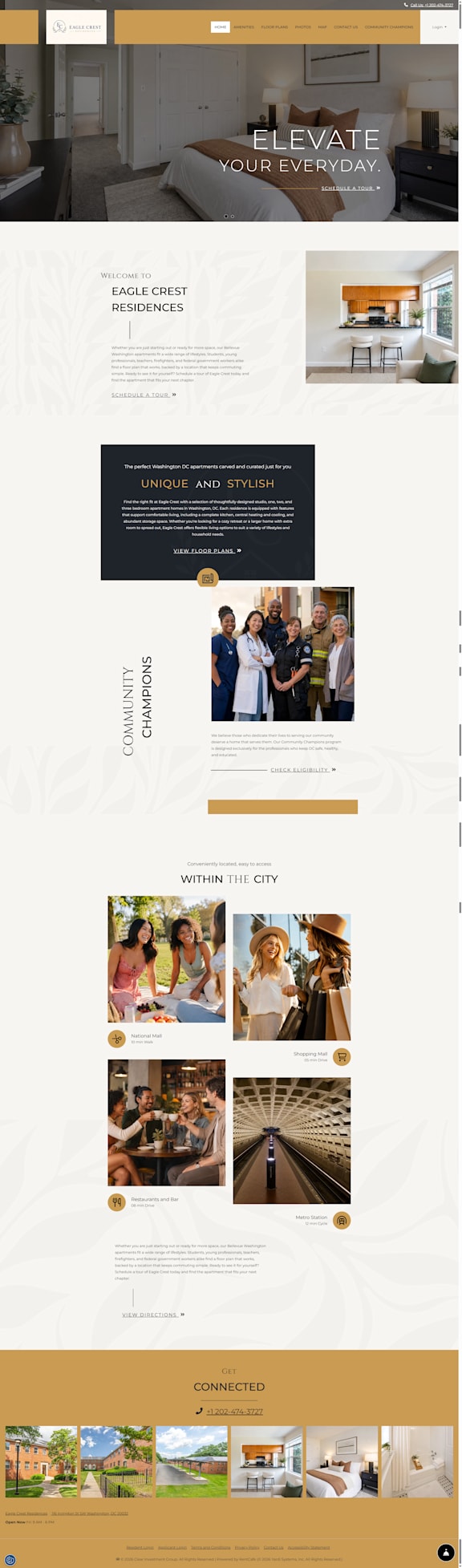 A webpage showcasing various images of a residential area with the text 'ELEVATE. YOUR EVERYDAY.' prominently displayed.
