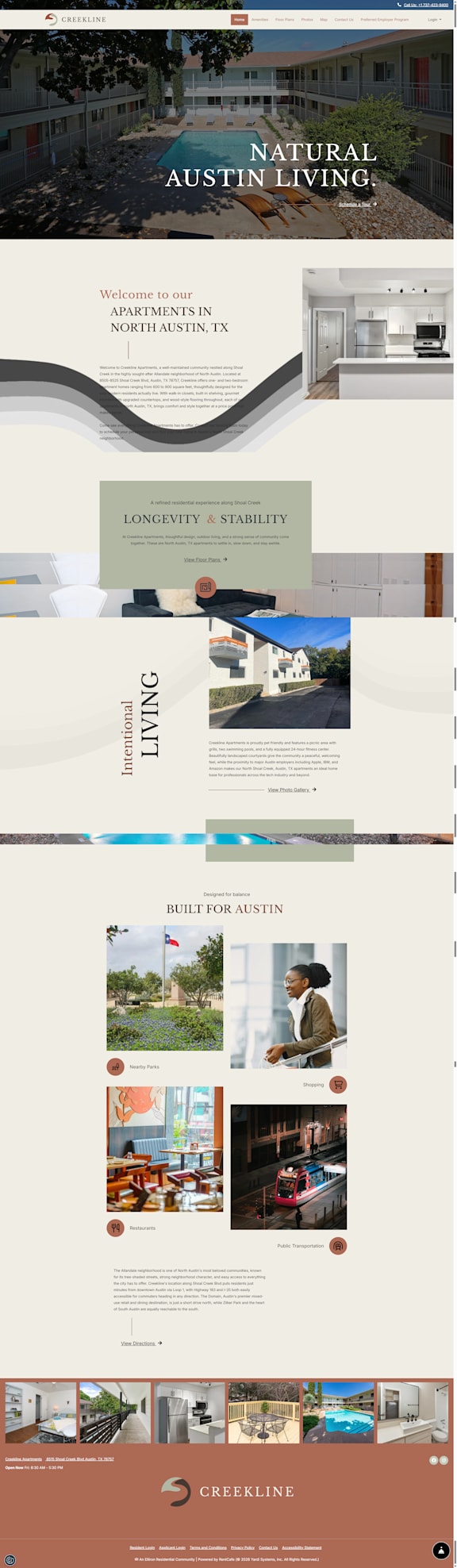 A webpage showcasing various images of apartment interiors and exteriors with the title 'NATURAL AUSTIN LIVING'.