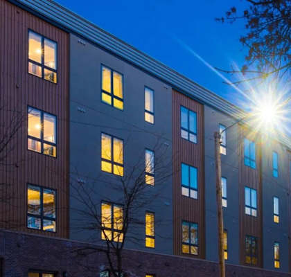 A building with a bright light shining on it.