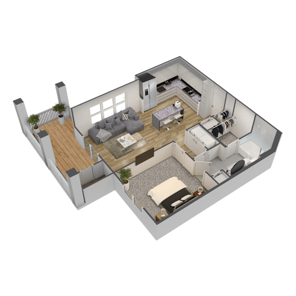 A 3D rendered image of a house layout.
