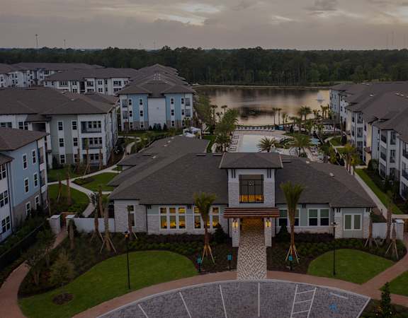 Drift Town Center East aerial shot of buildings and lake