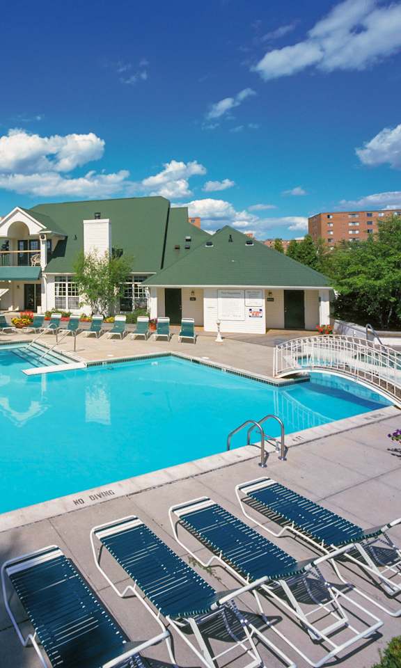 A large swimming pool surrounded by sun loungers and a building in the background.