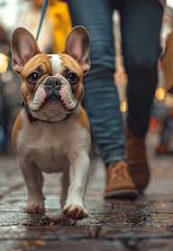 A brown and white dog with a black nose is walking on a wet pavement.