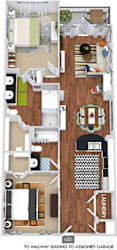 Woodland with Attached Garage 3D 2 bedroom apartment. Kitchen with bartop open to living & dining rooms. 2 full bathrooms, double vanity and shower stall in master. Walk-in closets. Patio/balcony.