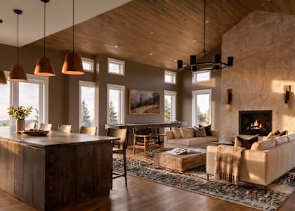 A modern living room with a stone fireplace and a large wooden bar.