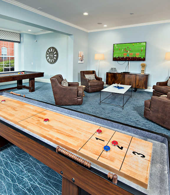 A shuffleboard table is in the middle of a room with a pool table, couches, and a television.