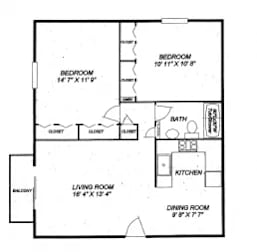 A floor plan of a house with a living room, dining room, kitchen, and two bedrooms.