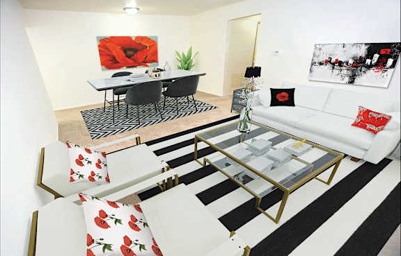 A black and white striped rug is on the floor.