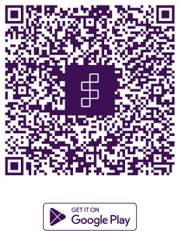 A QR code is displayed on a purple background with a button to get it on Google Play.