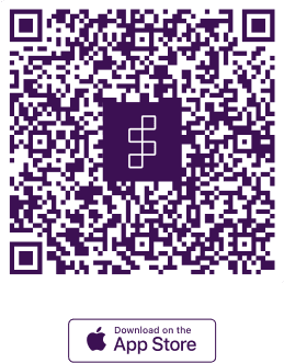 A QR code is displayed on a purple background with an Apple logo and text that says "Download on the App Store".