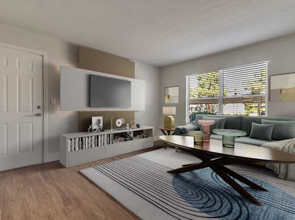 A modern living room with a wooden floor and a large window.