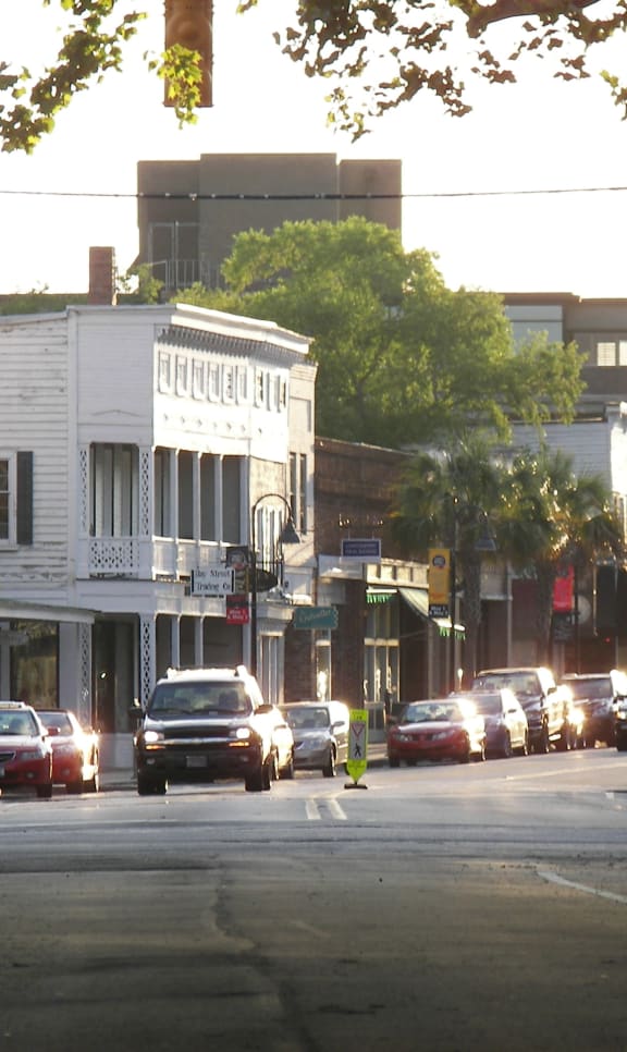 Cars are driving down a tree-lined street. at Diamond Townhomes, South Carolina, 29906