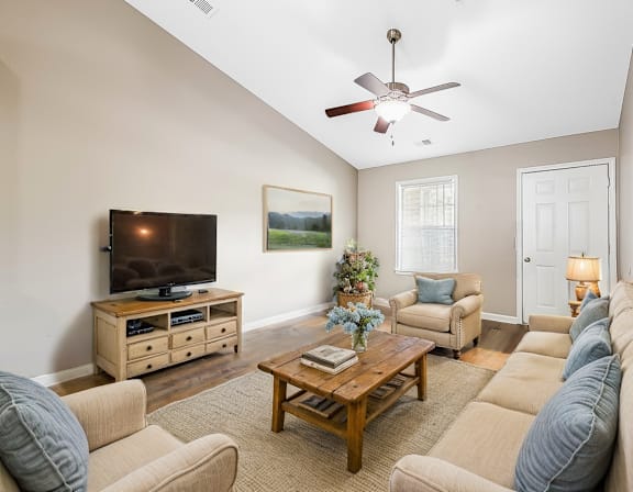 A living room with a television, couches, and a ceiling fan.