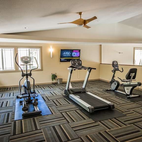 two treadmills and ellipticals in a workout room with a tv