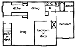 Floor Plan  A black and white drawing of a house layout with two bedrooms and a bath.