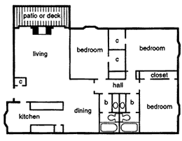 Floor Plan  A floor plan of a 1380 square feet home with 3 bedrooms and 2 baths.