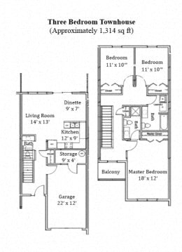 3 bed 2.5 bath 1,300 Sq.Ft. Townhome Floor plan at Deer Valley Villas Apartments, Silvis, IL