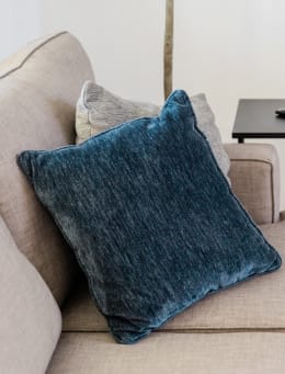 a couch with a blue pillow on it and a potted plant