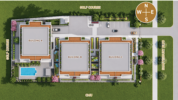 A map shows a golf course with a clubhouse and three buildings labeled A, B and C.