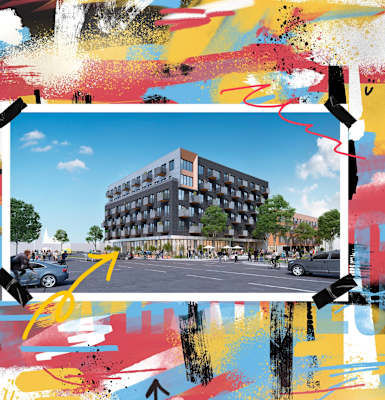 an image of a street with a building and a collage of different images of