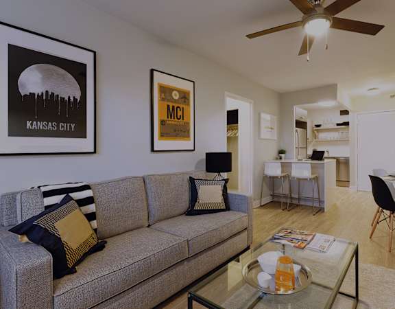 The KC High Line ceiling fan and light kit in a model apartment