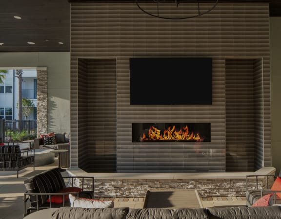 Drift Town Center East outdoor fireplace and lounge area