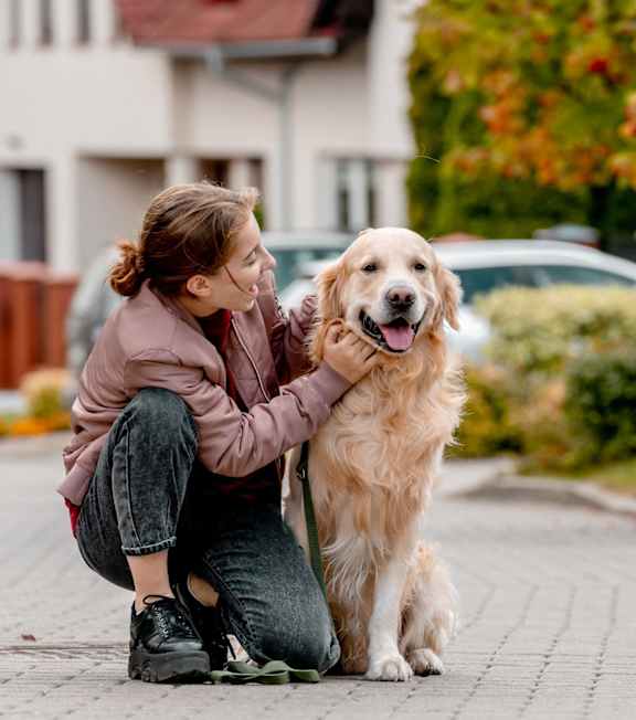 A woman is hugging a dog on a paved road.