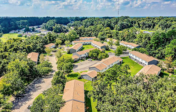 Bird's eye view of residential area surrounded by trees at Springwood Townhomes, Florida, 32303
