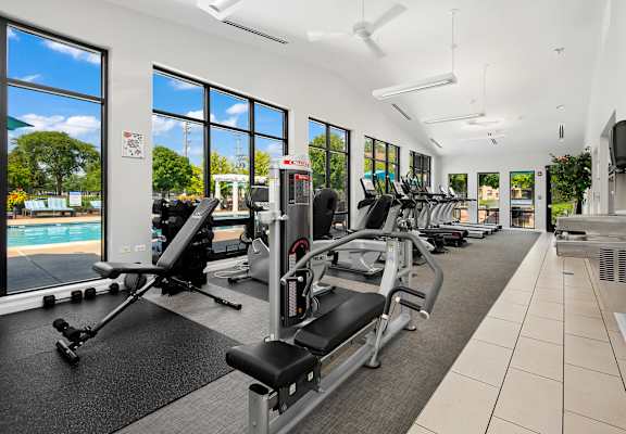 A gym with a row of treadmills and exercise machines.