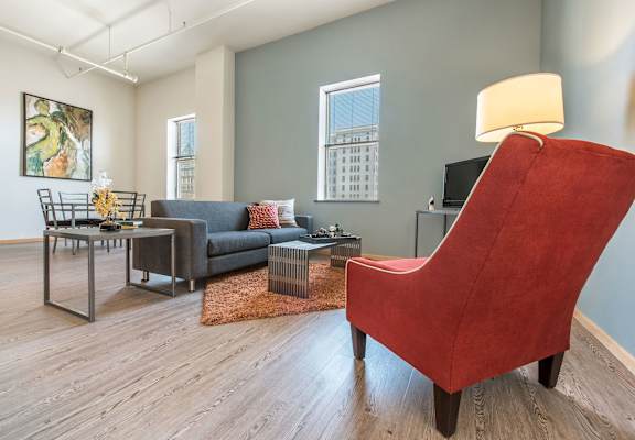 Living room with recliner at Boston Lofts, Milwaukee, Wisconsin